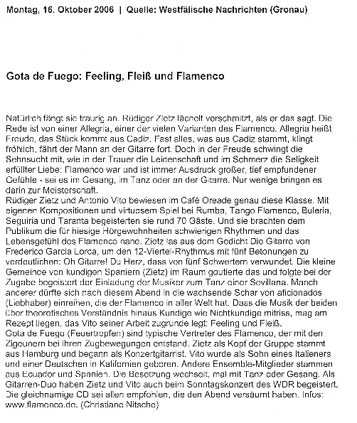 Zeitungsbericht Gota de Fuego: Feeling, Fleiß und Flamenco