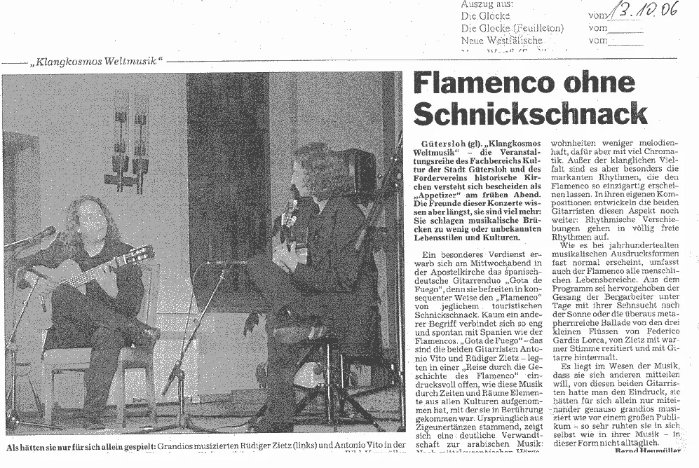 Zeitungsbericht Flamenco ohne Schnickschnack mit Rüdiger Zietz und Antonio Vito