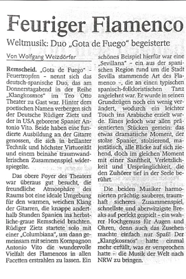 Zeitungsausschnitt „Feuriger Flamenco“ über Rüdiger Zietz und Antonio Vito im Teo Otto Theater Remscheid