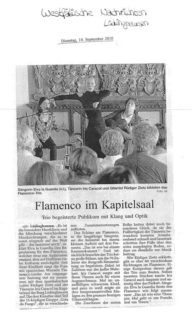 Zeitungsbericht Flamenco im Kapitelsaal mit Rüdiger Zietz, Elva la Guardia und Iris Caracol