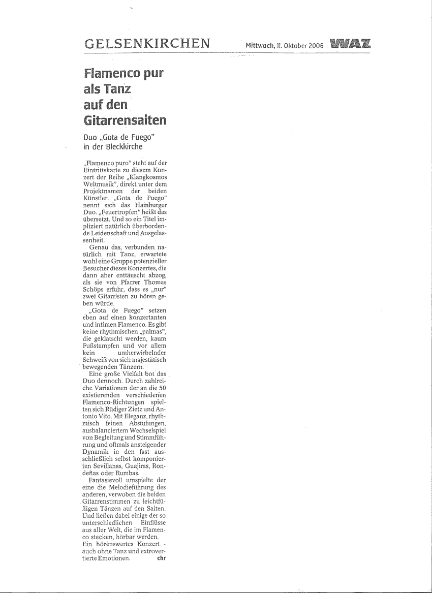 WAZ-Zeitungsausschnitt „Flamenco pur als Tanz auf den Gitarrensaiten“ über Rüdiger Zietz und Antonio Vito in Gelsenkirchen