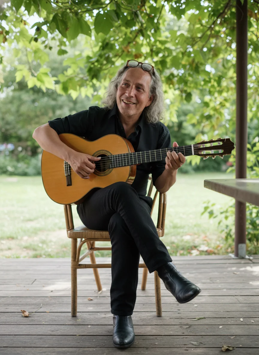 Rüdiger Zietz spielt Flamencogitarre bei einer Veranstaltung im Freien