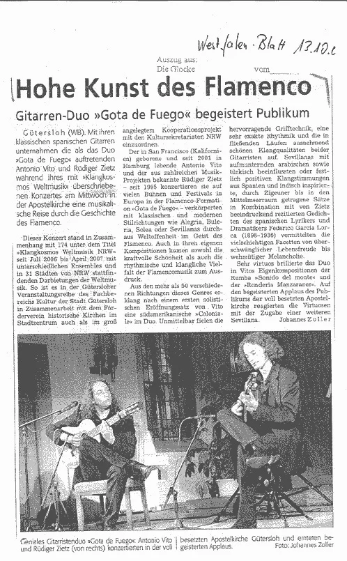 Zeitungsausschnitt „Hohe Kunst des Flamenco“ über Rüdiger Zietz und Antonio Vito in der Apostelkirche Gütersloh