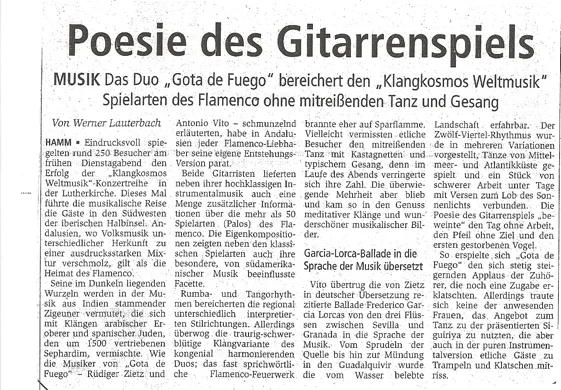 Zeitungsausschnitt „Poesie des Gitarrenspiels“ über das Gitarrenduo Gota de Fuego in der Lutherkirche Hamm
