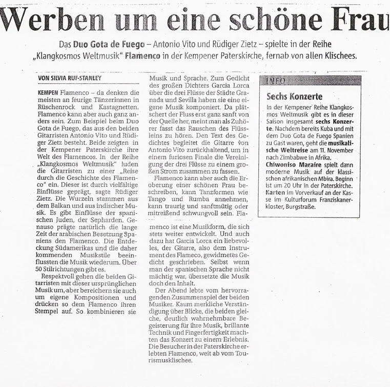Zeitungsausschnitt „Werben um eine schöne Frau“ über Gota de Fuego mit Rüdiger Zietz und Antonio Vito in der Paterskirche Kempen